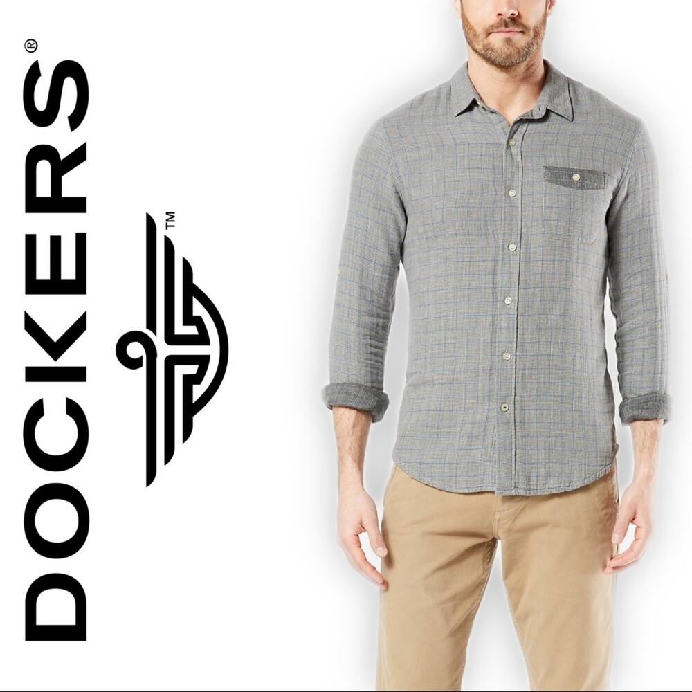 Men’s Doublecloth Button-up Cotton Shirt Grey Blue Medium NWT
